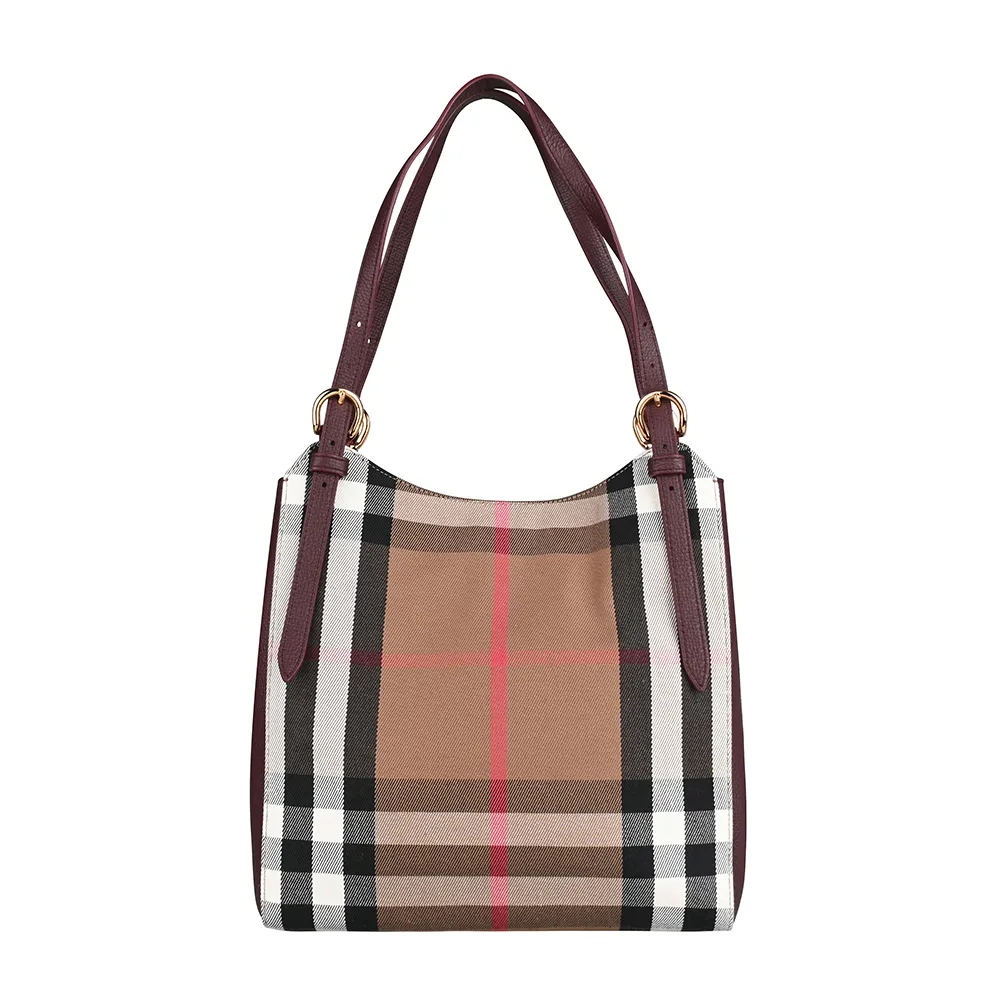 【BURBERRY 巴寶莉】BURBERRY CANTERBY英式格紋棉帆布搭牛皮吸釦式肩背包(典藏米x深酒紅)