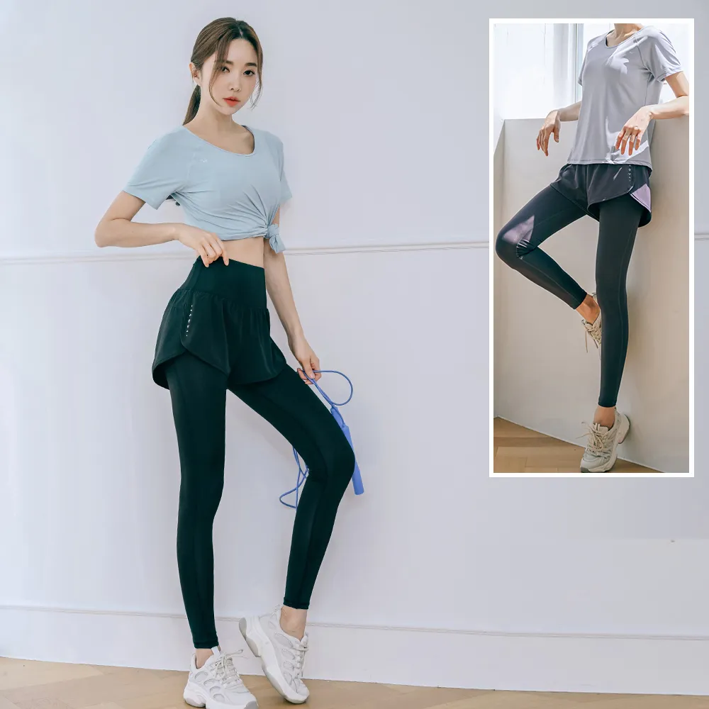 【BODYAIR】親膚S拼線上衣+假兩件柔韌九分褲套組(瑜珈.運動.慢跑.透氣.舞蹈.運動服.運動褲)
