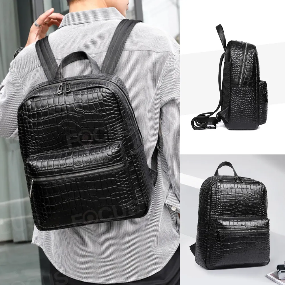 【BAGGLY&CO】雙11 真皮 史特拉鱷魚壓紋頭層牛皮男士後背包(真皮包包 防輕潑水包 商務包 頭層牛