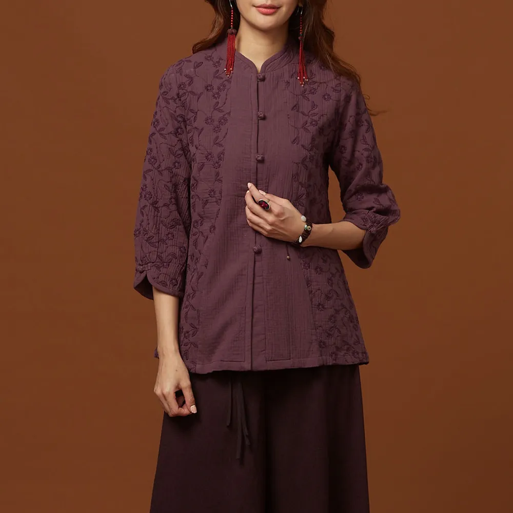 【古典美】08031刺繡配色前開上衣(茶禪服/中國風/國服/漢服/手染服/棉麻/亞麻/天然纖維)