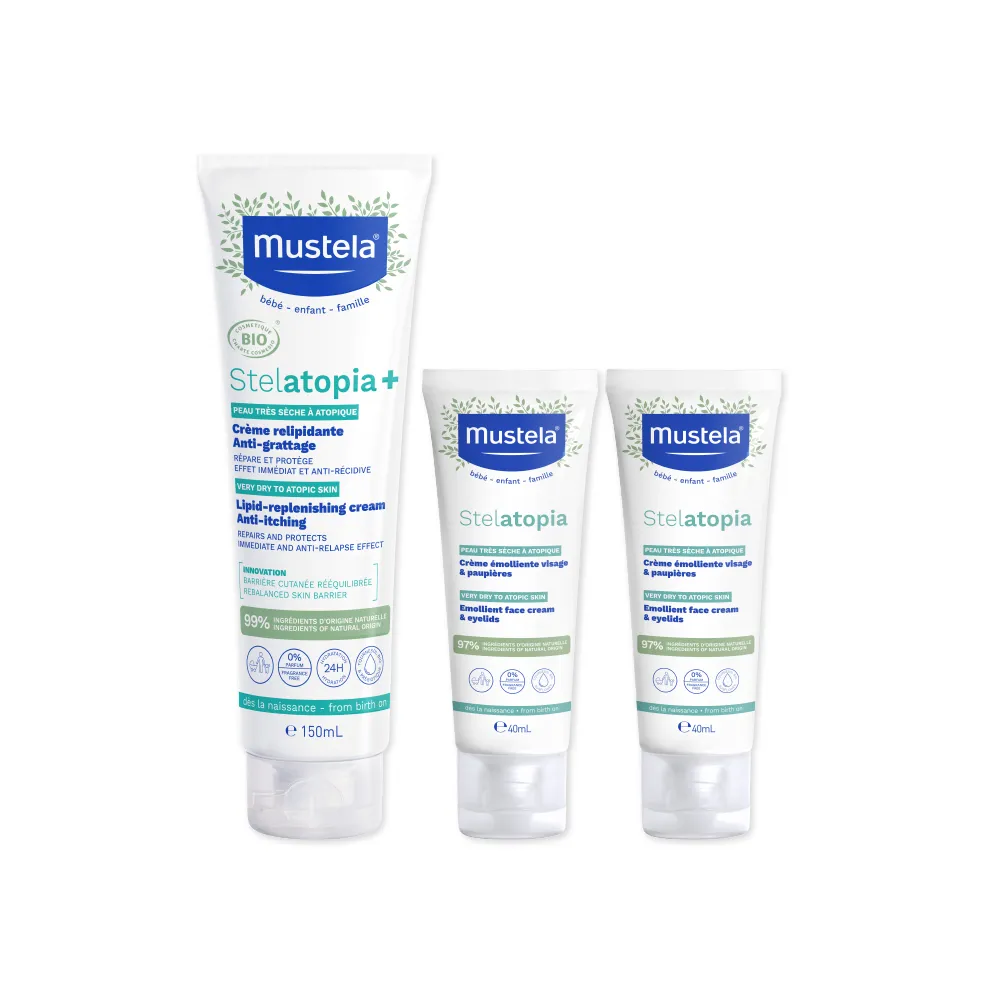 【Mustela 慕之恬廊】舒恬良 乾癢肌保濕滋潤組(滋養益膚柔舒霜150ml有機＋柔舒面霜40mlX2入)