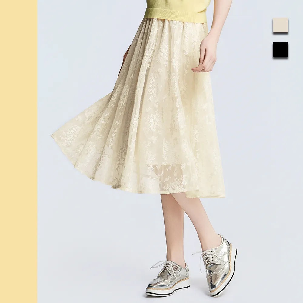 【Just Wear 佳葳】優雅蕾絲A字長裙 2色(女下身/女下著/蕾絲/裙子/腰頭彈性/淑女/氣質)