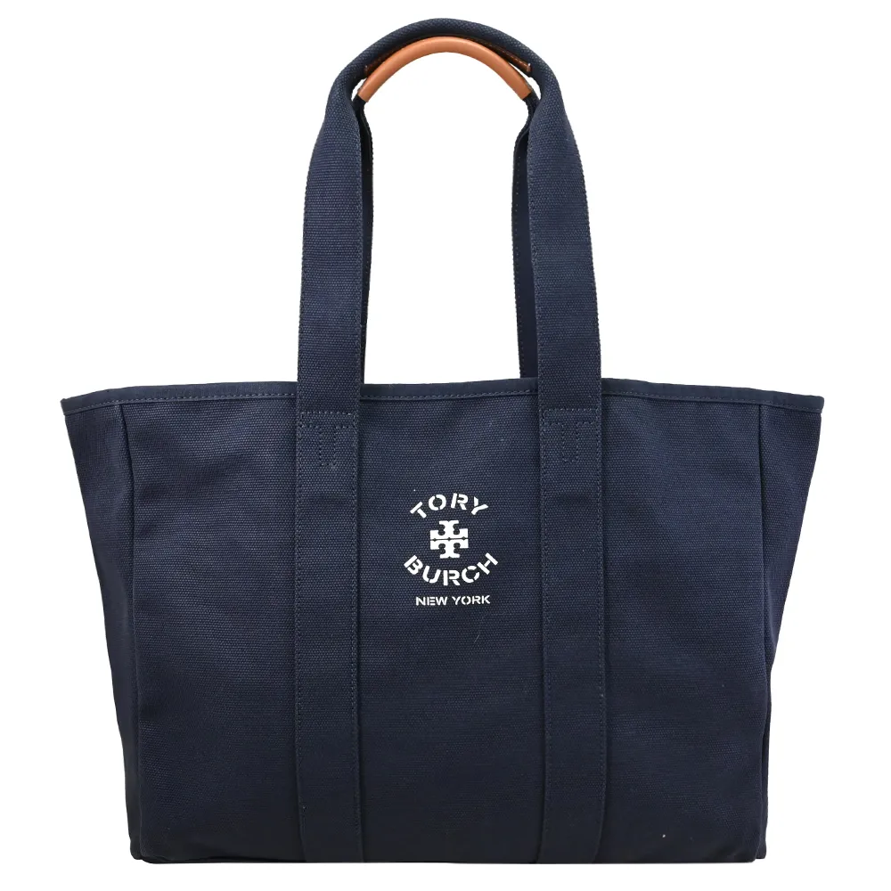 【TORY BURCH】簡約燙印LOGO素雅帆布大肩背包托特包(午夜藍)