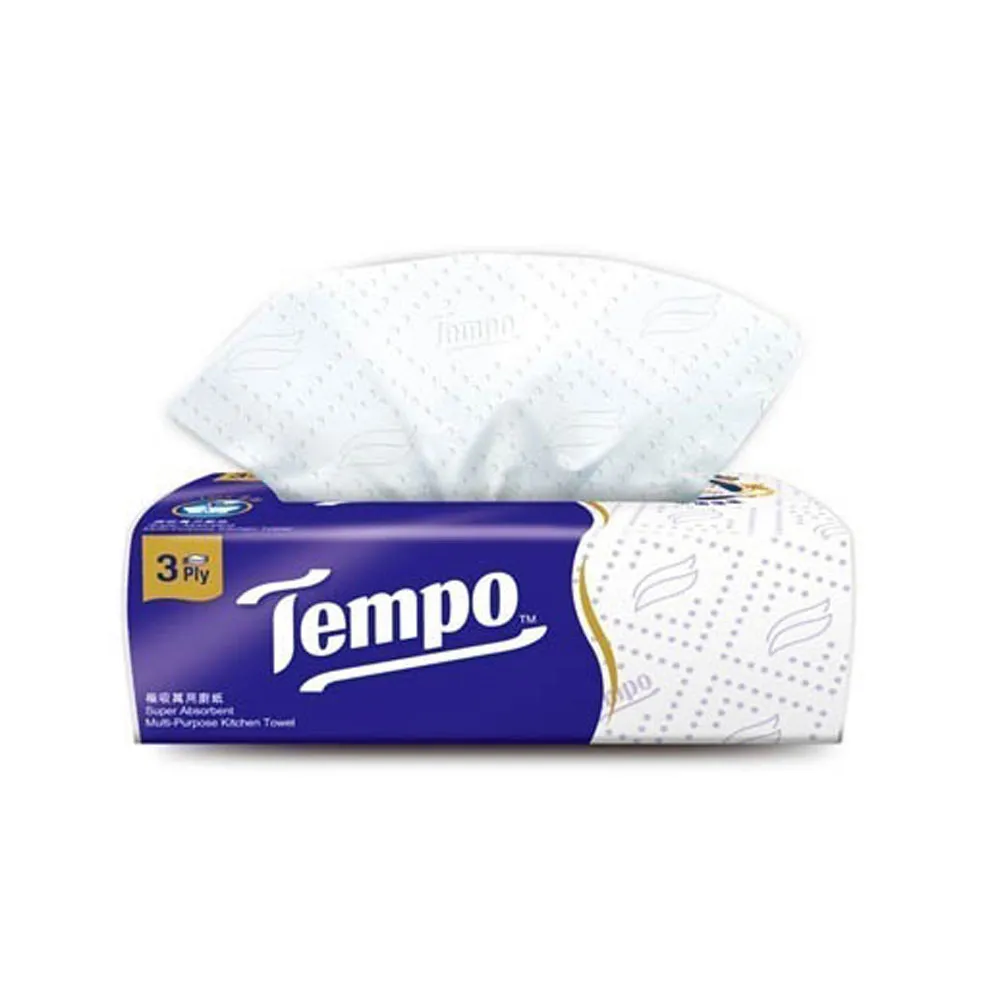 【TEMPO】極吸萬用3層抽取式廚房紙巾-60抽/共12包入/箱購(萬用紙巾/廚房料理必備/食安認證/擦手紙)