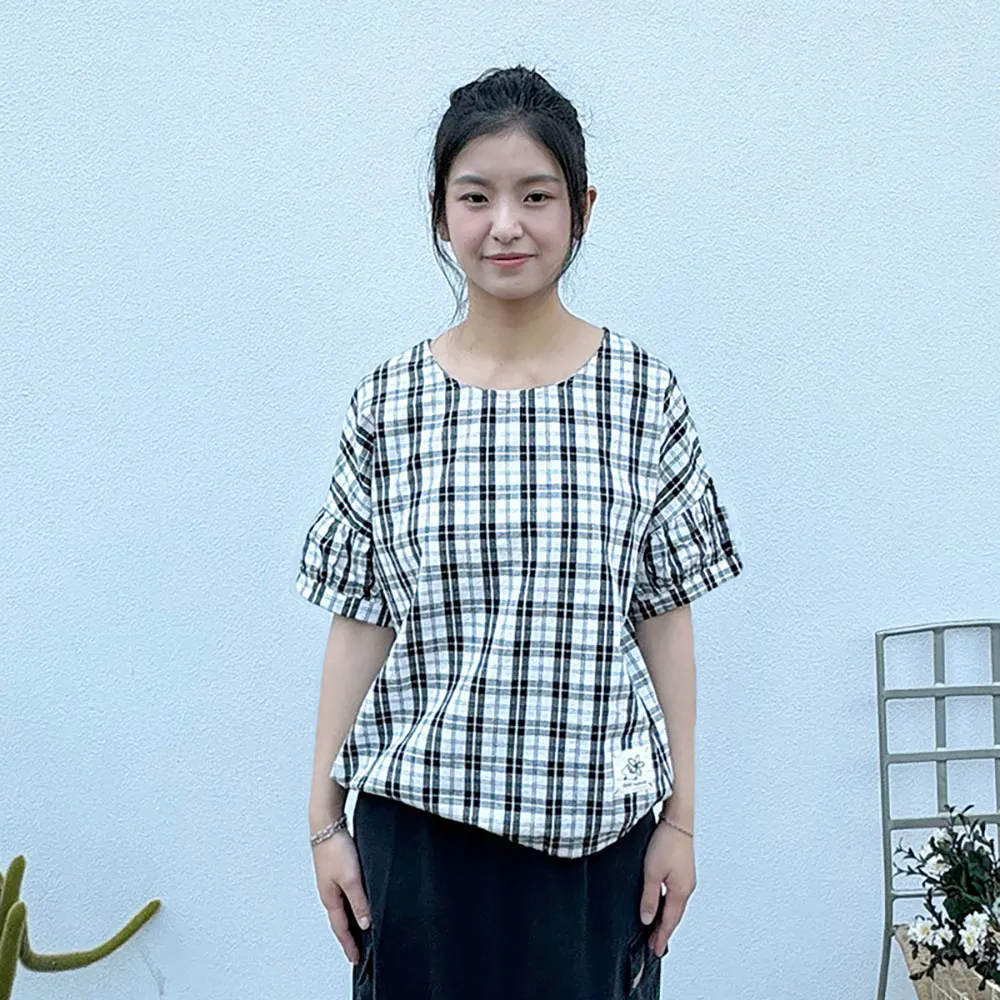 【Hana Mokuba】花木馬日系女裝圓領格紋落肩上衣(上衣)