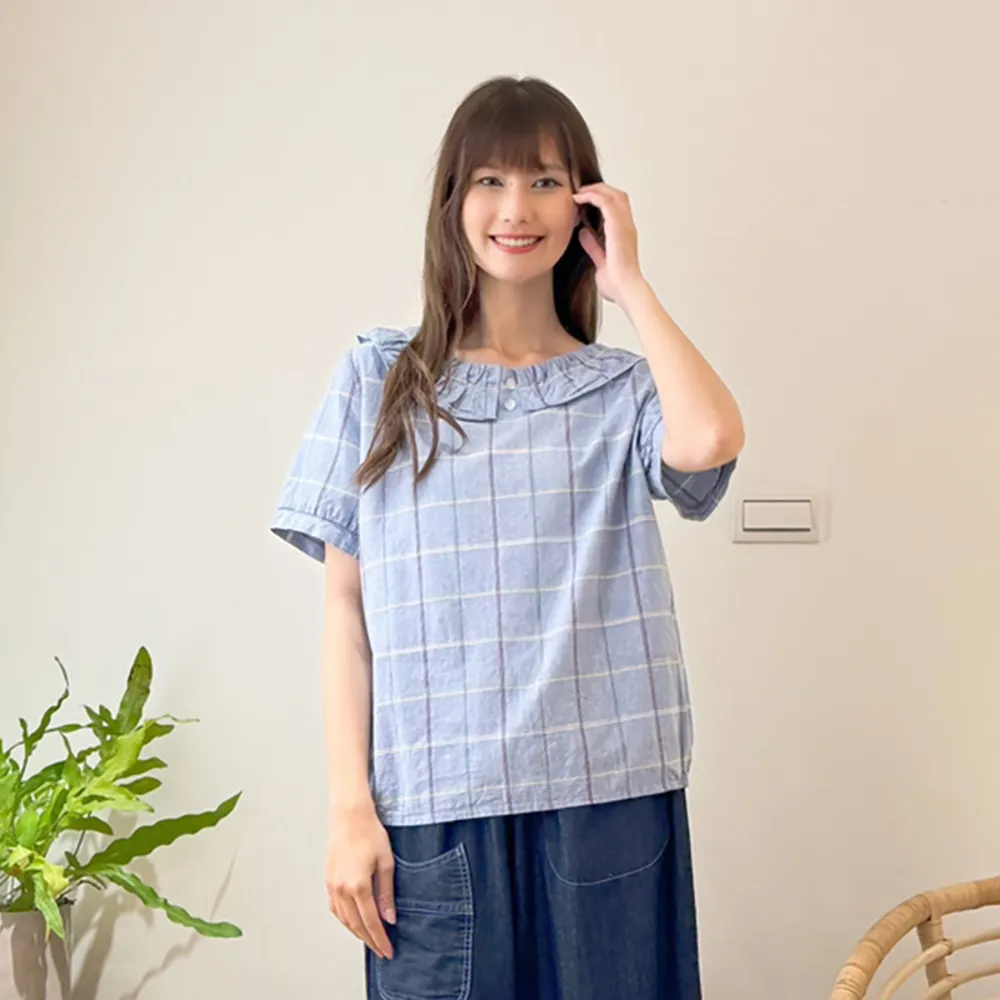 【Hana Mokuba】花木馬日系女裝格紋荷葉邊兩側鬆緊收口上衣(造型上衣)