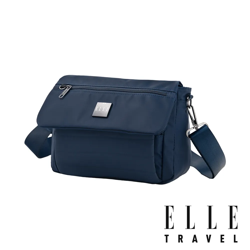 【ELLE】雙11 雲感線條系列 掀蓋斜背側背包 (普魯士藍-EL83354) 拉鍊包 多隔層旅行包