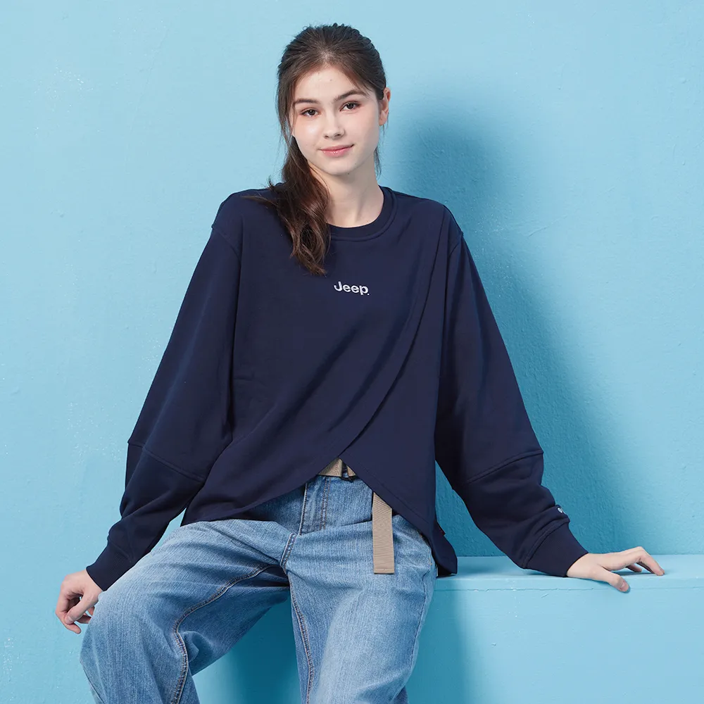【JEEP】女裝 LOGO貼布大學T(藍色)