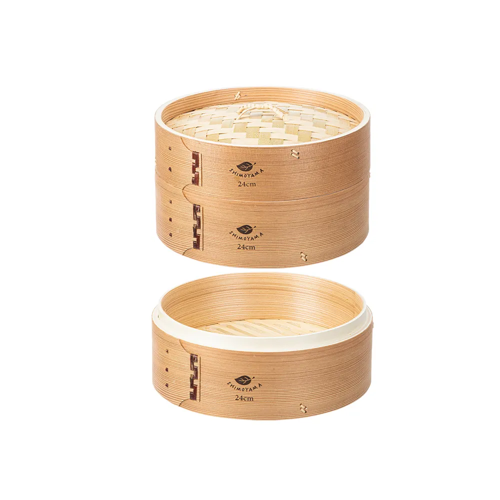 【SHIMOYAMA 霜山】圓形竹製蒸籠組-2籠1蓋-24cm(加深蒸籠/家用蒸籠/竹蒸籠)