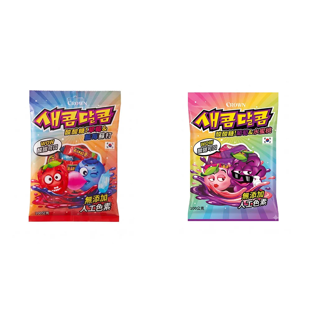 【CROWN 皇冠】CROWN水果軟糖 草莓+藍莓蘇打口味/葡萄+水蜜桃口味 100G(20入/箱)