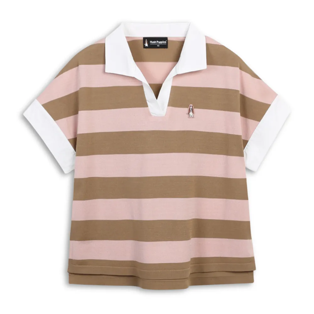 【Hush Puppies】女裝 線衫 配色條紋刺繡小狗襯衫領線衫 (粉/咖條紋 / 63213107)