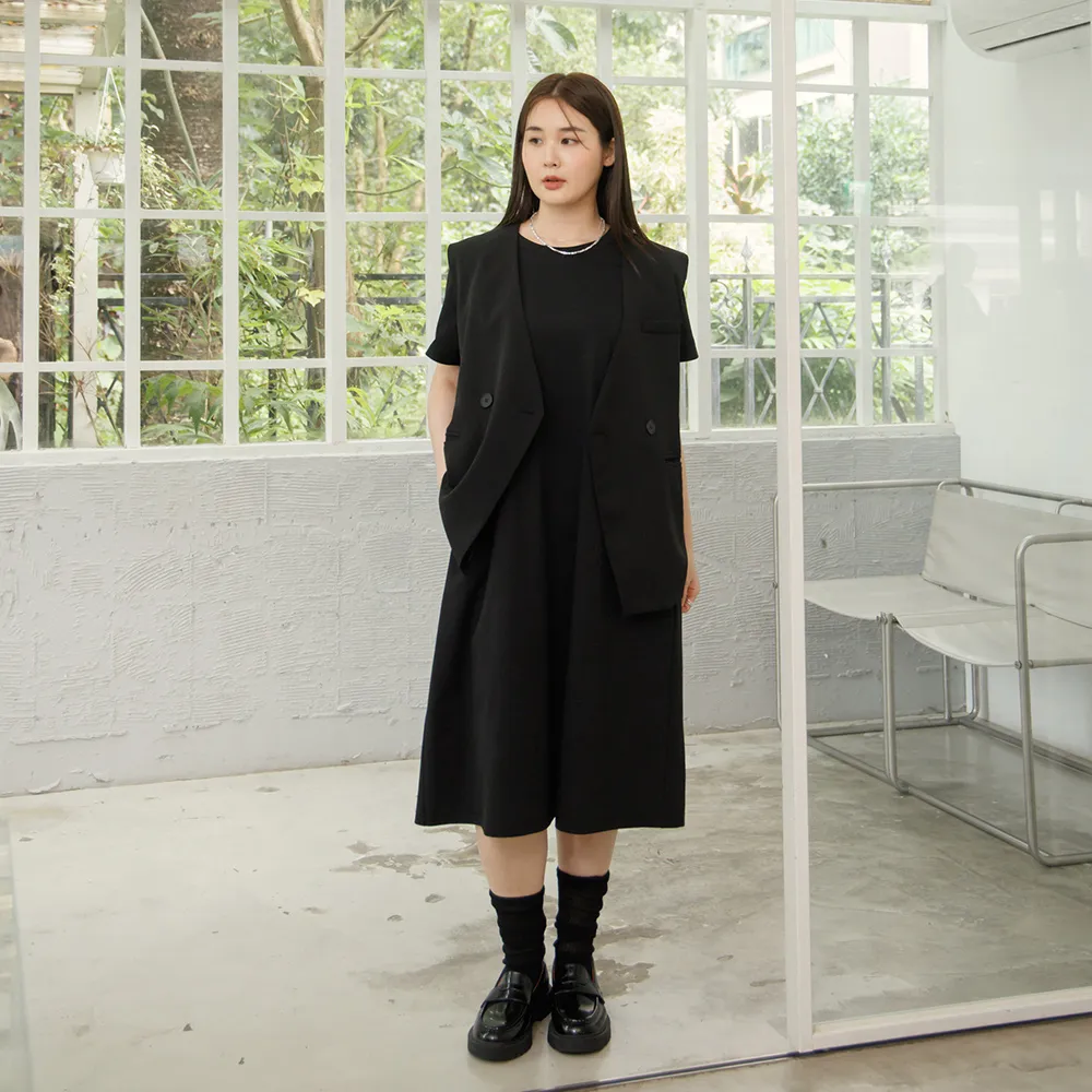 【M：MINb】極簡側口袋H型連身洋裝(黑色/中大尺碼女裝/大尺碼女裝/XL女裝/大尺碼洋裝)