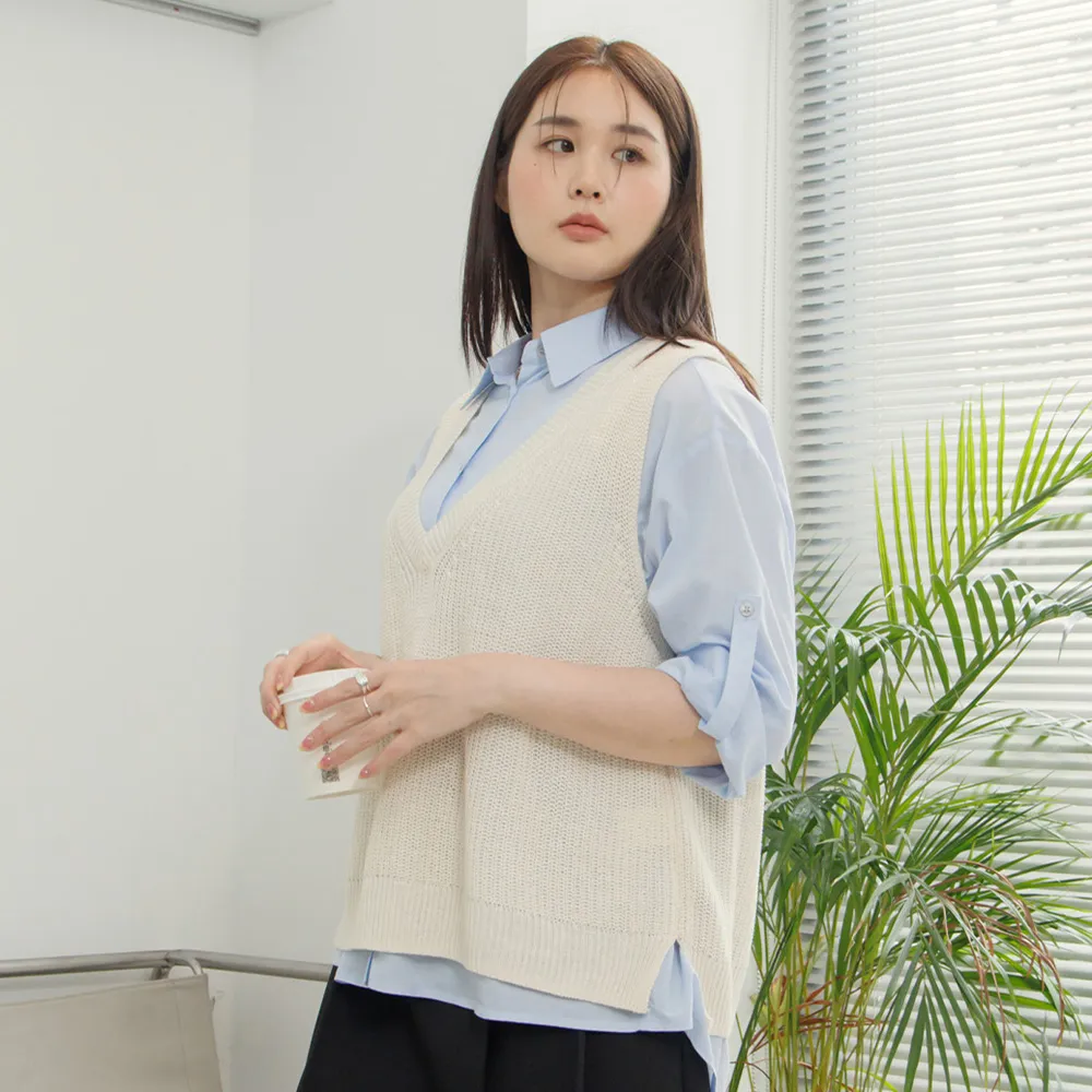 【M：MINb】極簡V領針織背心(米白/中大尺碼女裝/大尺碼女裝/XL女裝/大尺碼上衣/背心)