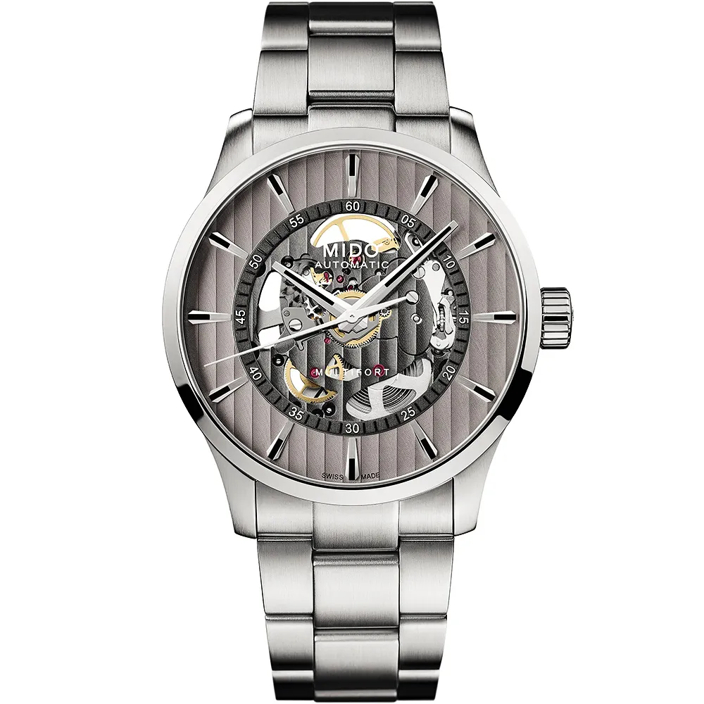 【MIDO 美度】官方授權 Multifort 先鋒系列 鏤空機械錶-銀x銀灰/42mm 錶 生日禮 送禮(M0384361103100)
