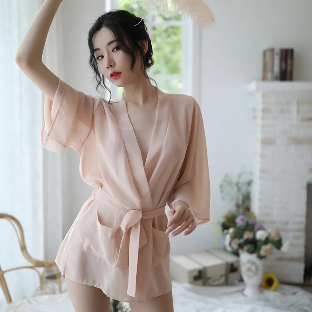 【歐香】輕柔薄款日式和服浴袍雪紡性感居家睡衣睡袍/性感情趣內衣睡衣(奶茶膚)