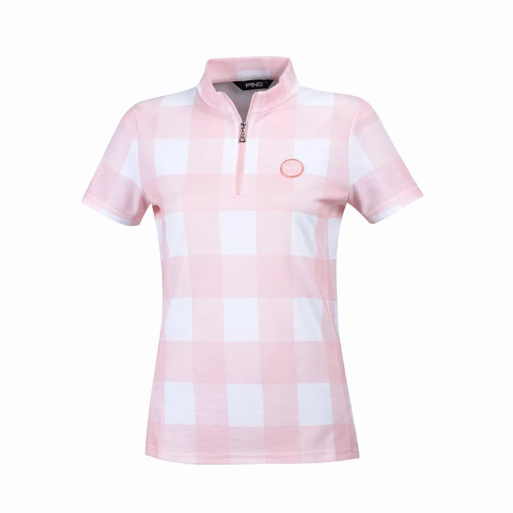 【PING】女款格紋吸濕排汗涼爽立領短袖上衣-粉橘(GOLF/高爾夫球衫/RA24119-23)