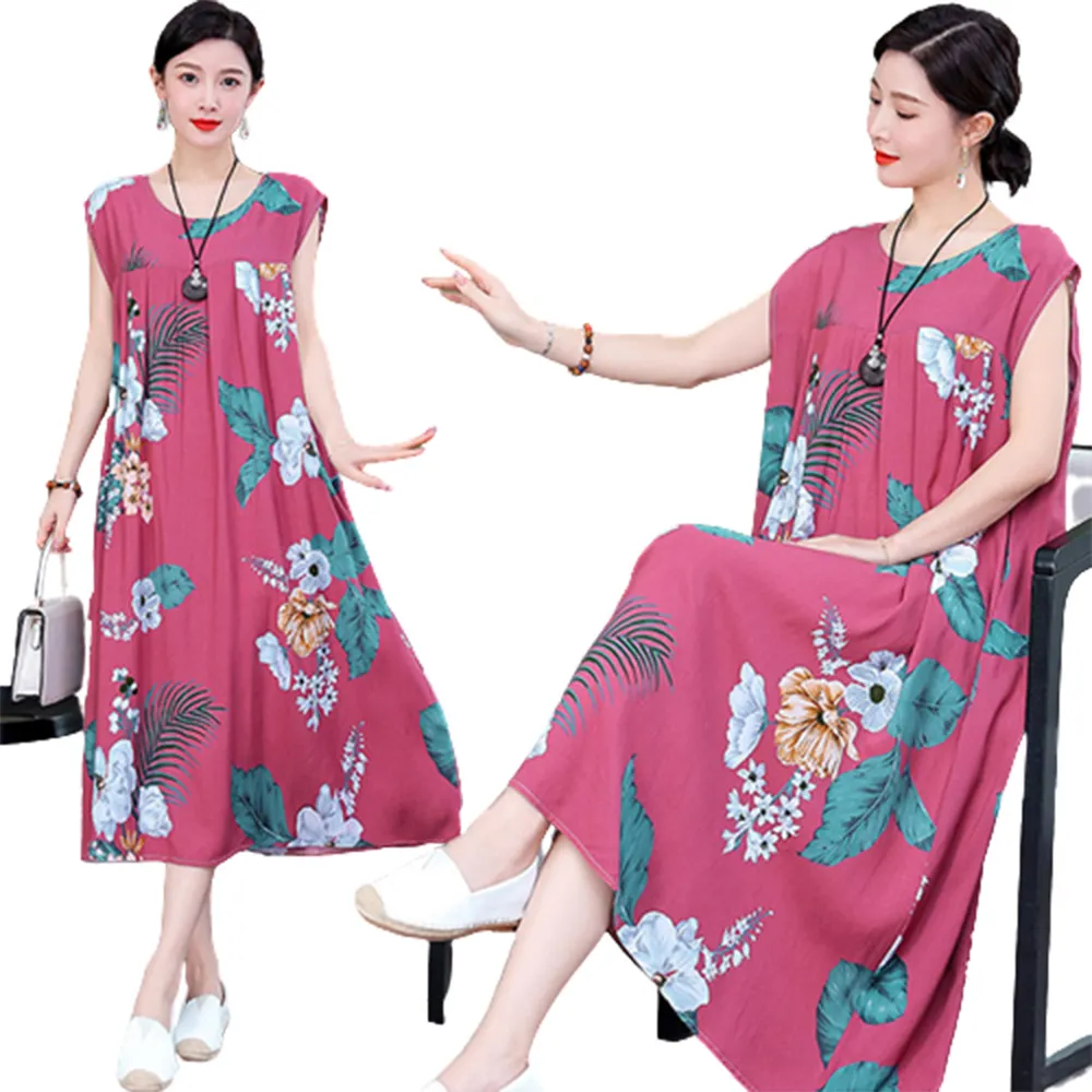 【K.W.】春季新品快速出貨熱賣夏玫紅花版棉綢親膚洋裝(韓國洋裝  中大尺碼)