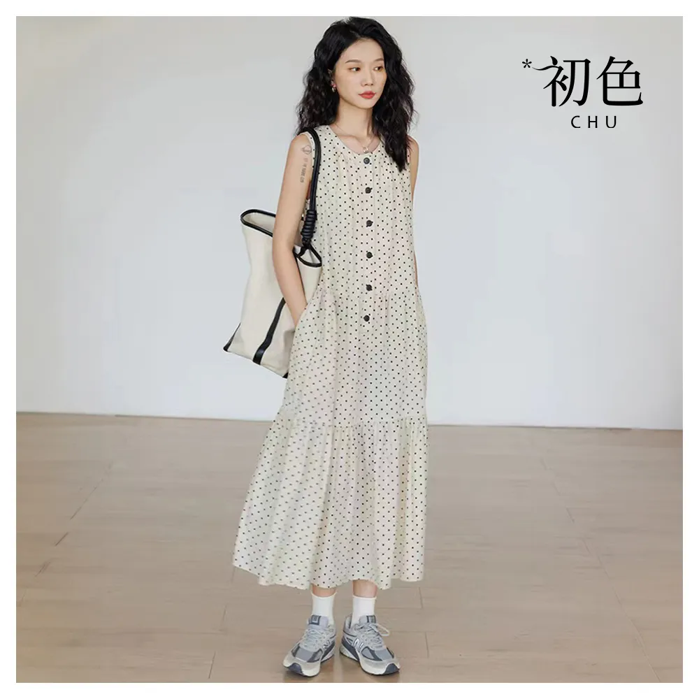 【初色】慵懶風寬鬆圓點印花圓領無袖A字裙中長裙連衣裙連身洋裝-白底圓點-10109(M-2XL可選)
