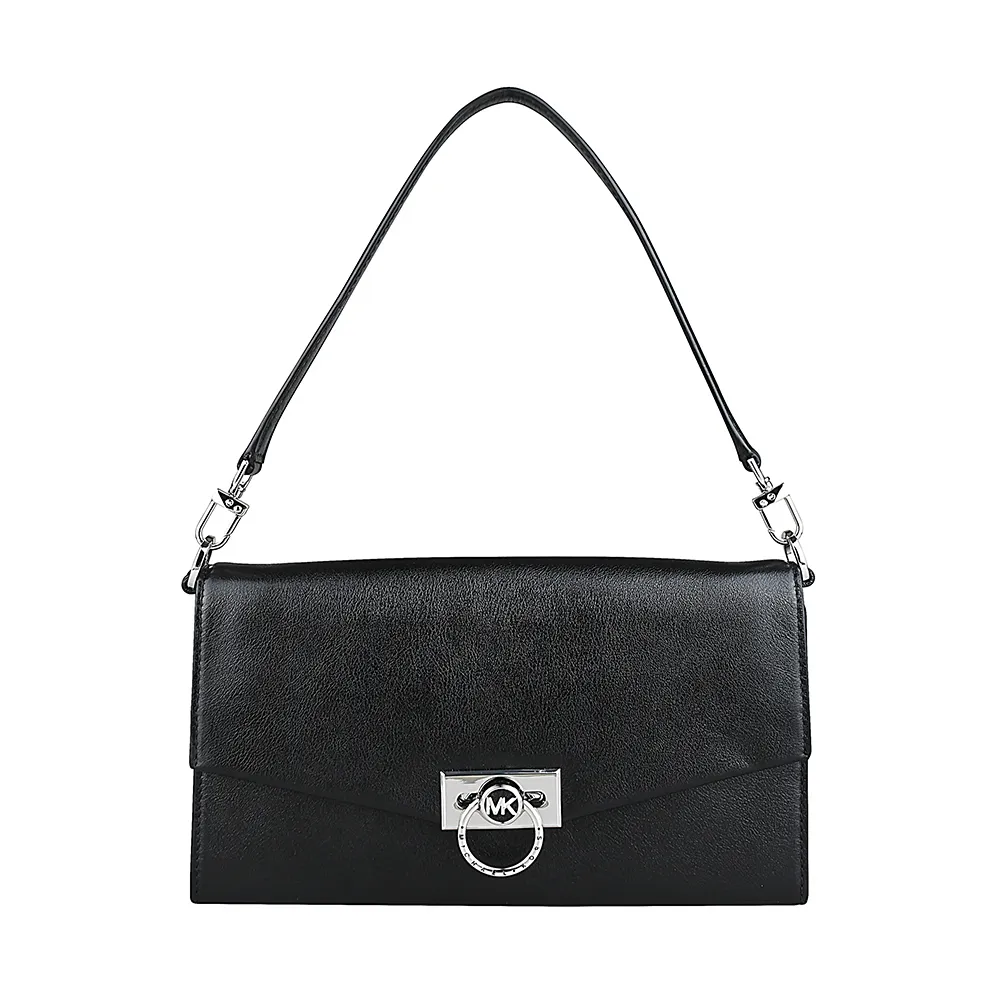 【Michael Kors】MICHAEL KORS HENDRIX縮寫LOGO信封造型皮革璇釦式手提肩背腋下包(黑)