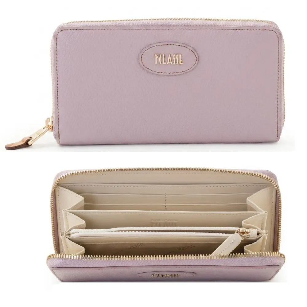 【Alviero Martini】義大利地圖包 圓徽logo 小牛皮ㄇ字拉鍊 12卡長夾19cm-粉紫色(皮夾)