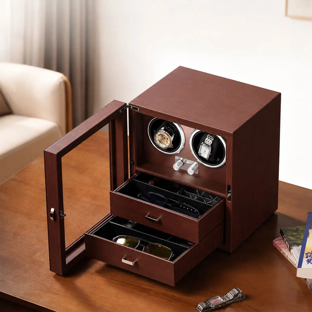 【AMITOF】上鏈盒 抽屜款上鏈錶盒 手錶收納儲存 機械錶上鏈 皮質雙錶 防磁防潮防塵 保養手錶 上鍊盒