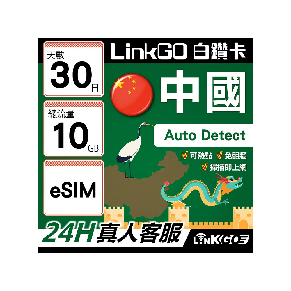 【LINKGO】白鑽卡 中國大陸 eSIM卡 30天上網總流量10GB 免翻牆支援LINE FaceBook(中國網卡 大陸 西藏 新疆)