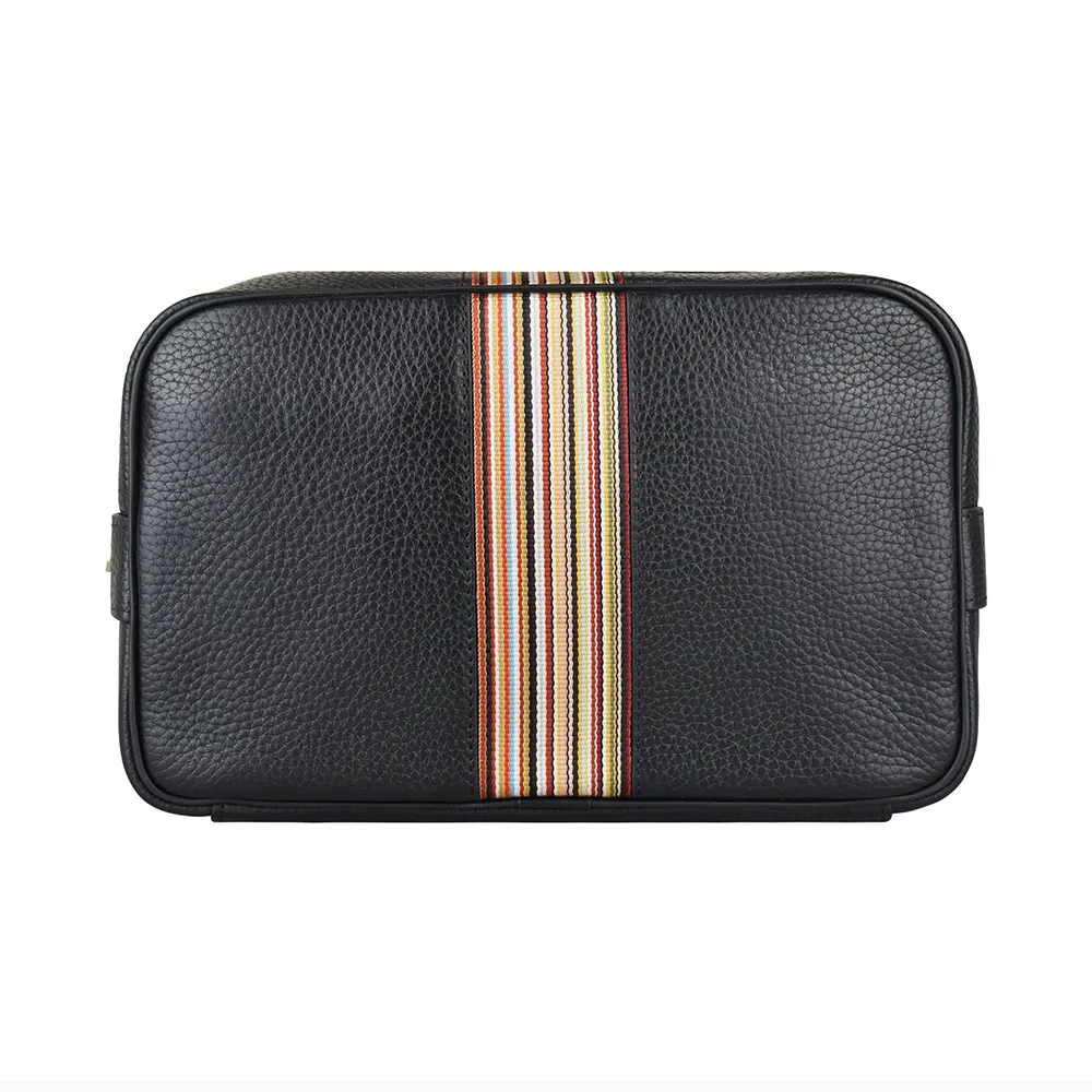 【Paul Smith】PAUL SMITH金字壓印LOGO荔枝紋小牛皮拉鍊化妝包(黑x彩色條紋)