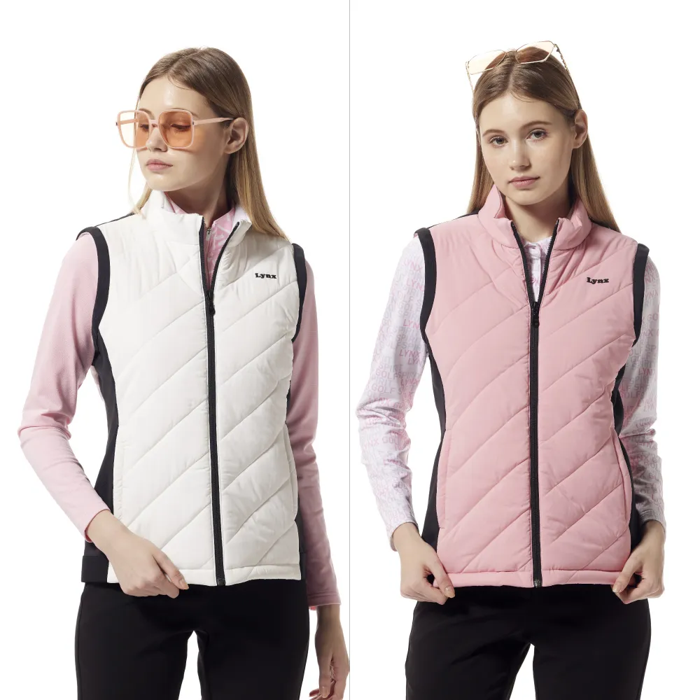 【Lynx Golf】女款保暖舒適壓線後背造型剪裁配布壓光織帶剪接拉鍊口袋無袖背心(二色)