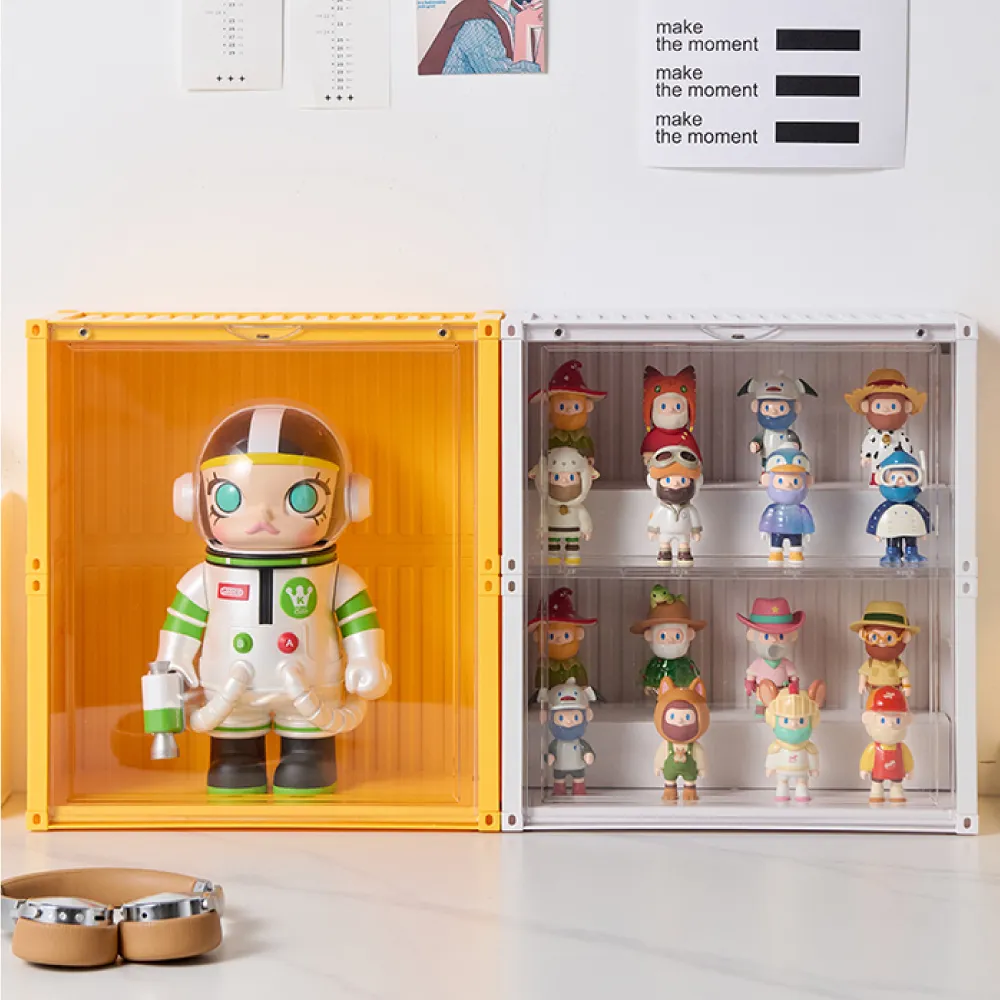 【FL 生活+】貨櫃附燈3層-大型款-磁吸門展示盒(展示架/展示盒/模型收納盒/盲盒/扭蛋/模型公仔/A_485)