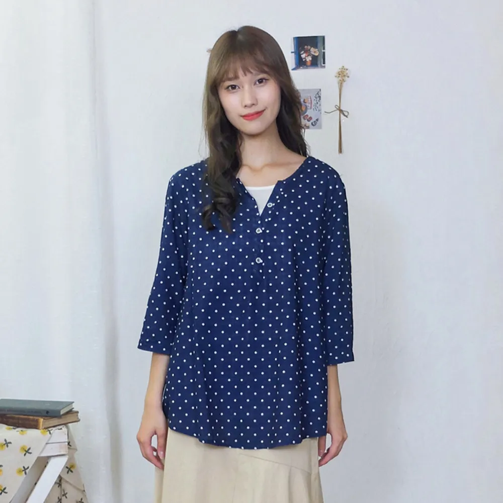 【Hana Mokuba】花木馬日系女裝圓領假兩件七分袖點點上衣(上衣)