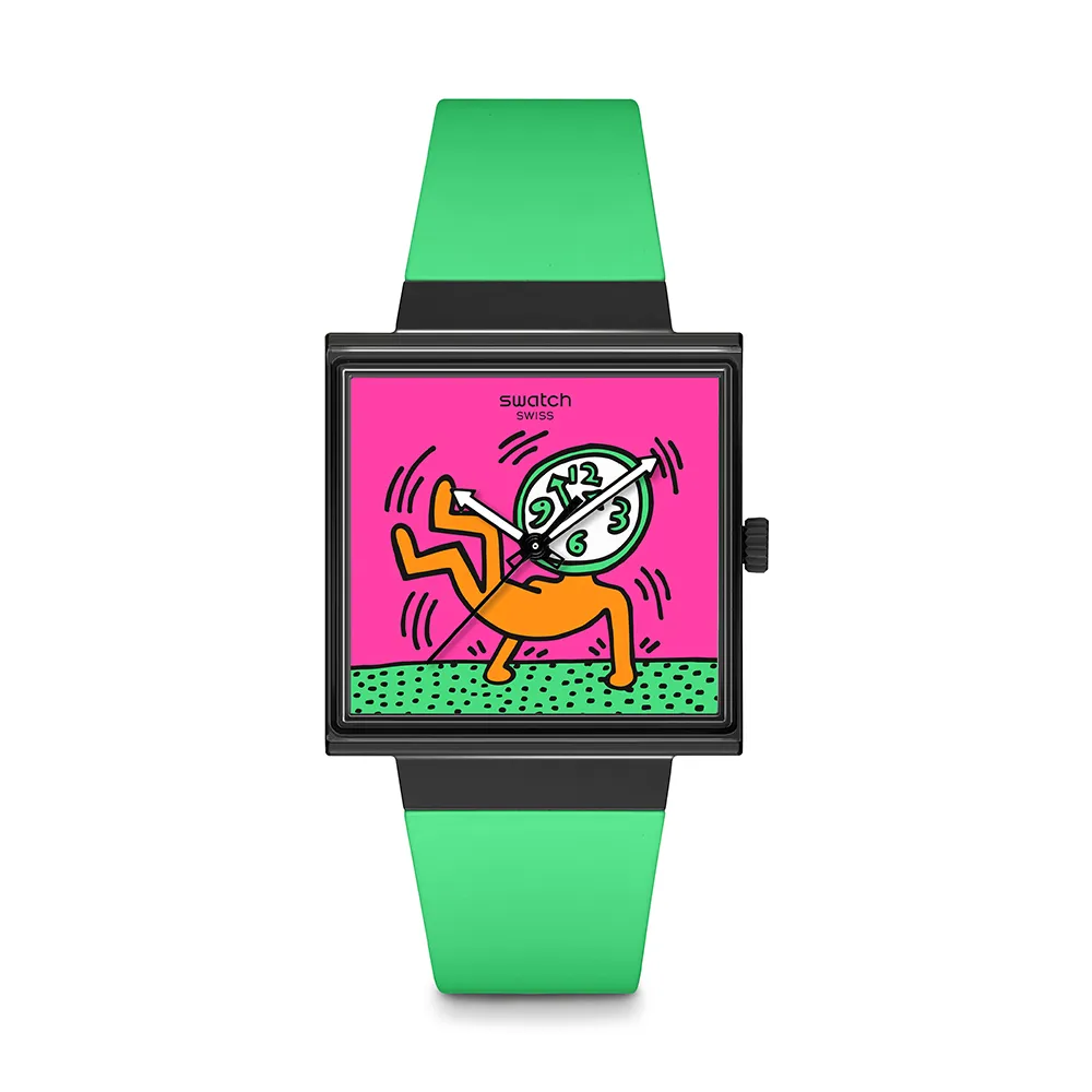 【SWATCH】BREAKS OFF 經典手錶/方形錶/Keith Haring 聯名錶/女錶/瑞士製造 SO34Z102(33mm)