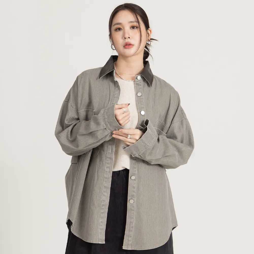 【M：MINb】巴恩風皮質翻領牛仔襯衫外套(深灰/中大尺碼女裝/XL女裝/女裝/大尺碼上衣/巴恩風/大尺碼外套)