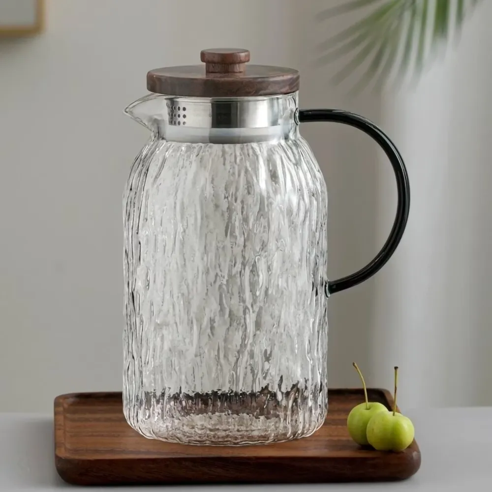 玻璃錘紋大容量冷水壺1.5L(過濾壺 儲水桶 飲料 果汁 水瓶 泡茶 露營 咖啡 冷萃 密封 環保 果茶)
