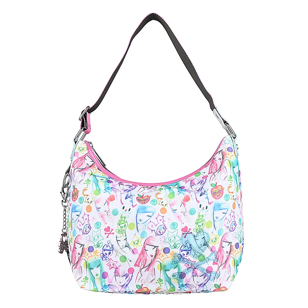 【TOKIDOKI】雙11 TOKIDOKI 透明藍LOGO日系暈染風格圖案拉鍊尼龍肩背包(彩x粉紅)