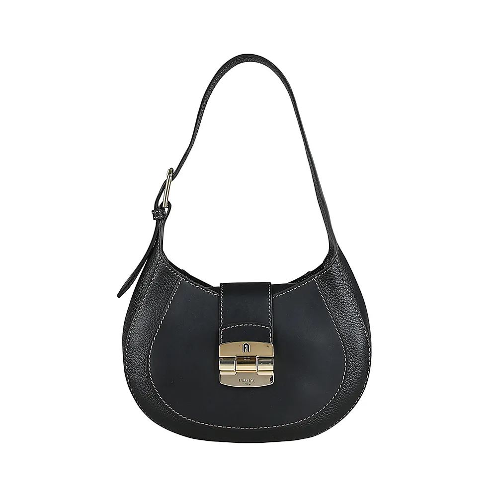 【FURLA 芙拉】FURLA Club 2金屬刻印LOGO荔枝紋拼滑面牛皮吸釦式肩背包(黑)