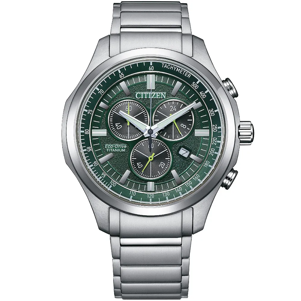 【CITIZEN 星辰】光動能三眼計時鈦金屬手錶-43mm/綠 雙11 送禮(AT2530-85X)