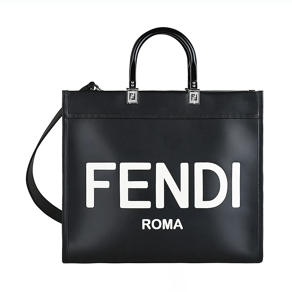 【FENDI 芬迪】FENDI Sunshine 白色燙字LOGO滑面牛皮肩背包(中型/黑x白)