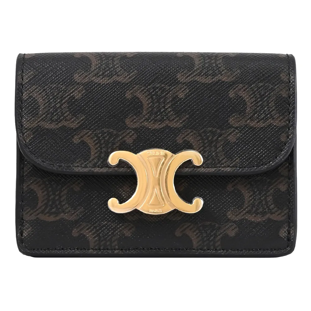 【CELINE】TRIOMPHE 金屬LOGO印花拼接信用卡名片零錢包(深咖)