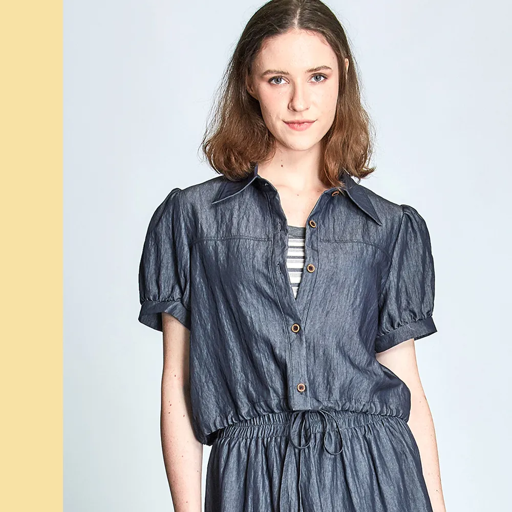【Just Wear 佳葳】丹寧風棉質休閒襯衫(女上衣/女上著/短袖/翻領/抽繩/輕薄/套裝/素色)