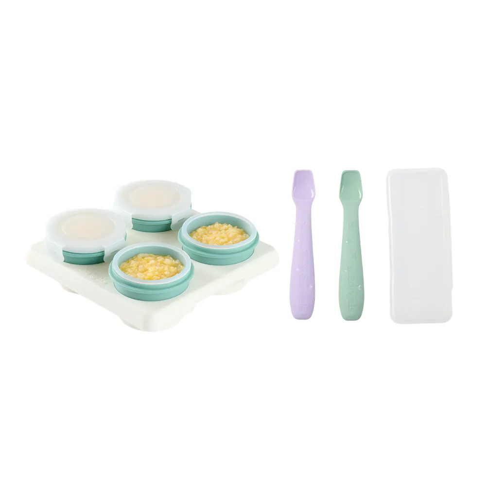 【2angels】矽膠副食品儲存杯60ml+餵食湯匙(分裝盒 冰磚塊盒 寶寶餐具  矽膠學習湯匙)