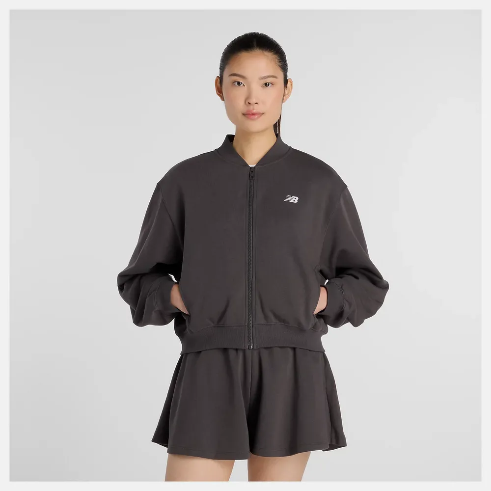 【NEW BALANCE】NB 女棉質長袖外套 休閒外套 立領外套 運動 休閒 美規 女 深灰色 (WJ617058ABR-F)