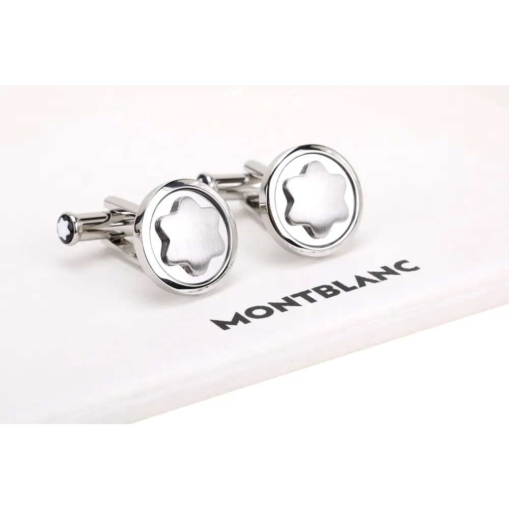 【MONTBLANC 萬寶龍】六芒星不鏽鋼袖扣(銀色)(襯衫配件 袖釦 送禮)