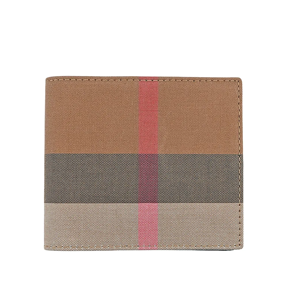 【BURBERRY 巴寶莉】經典大格紋帆布對開八卡短夾(灰褐色/棕色)