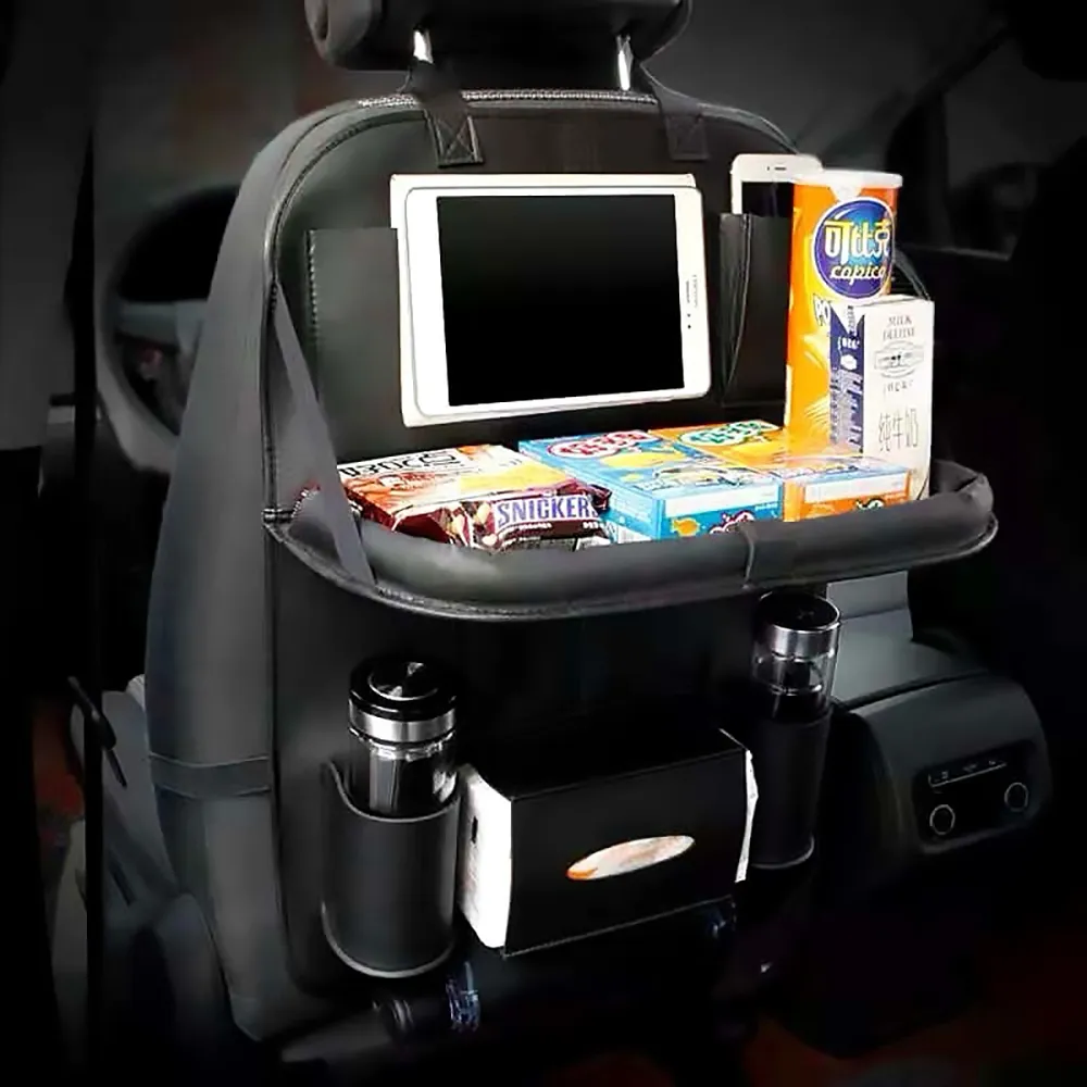 【威力鯨車神】頂級內裝手工皮製汽車椅背摺疊餐桌收納袋/汽車用折疊餐盤_皮革時尚品味款