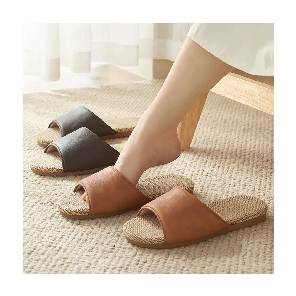 【zozo】3入組 皮革亞麻室內拖鞋(透氣不臭腳/居家拖鞋/四季拖鞋/皮拖鞋)