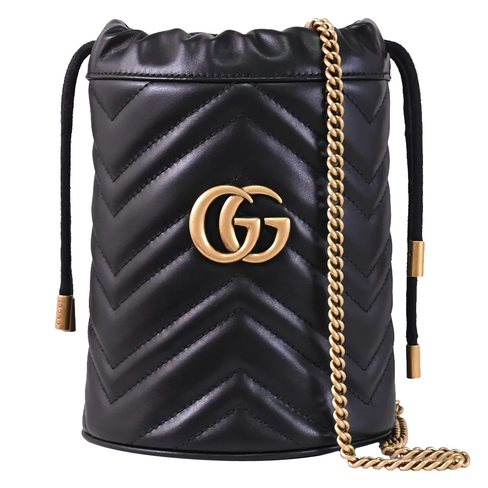 【GUCCI 古馳】GG Marmont 經典束口斜背迷你水桶包(黑)
