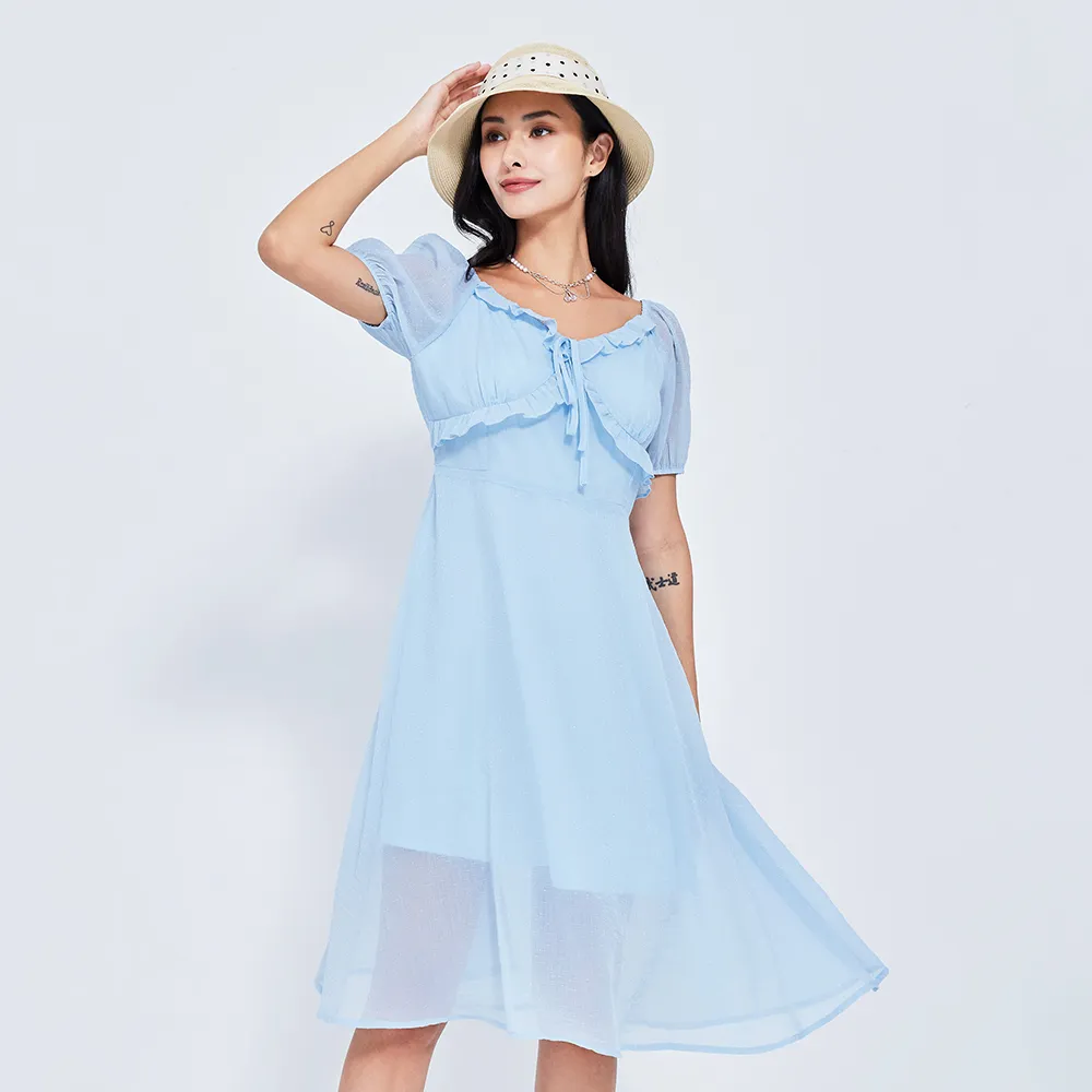 【HONOR 山形屋】出清品 荷葉領交錯綁帶泡泡袖洋裝(限定出清)