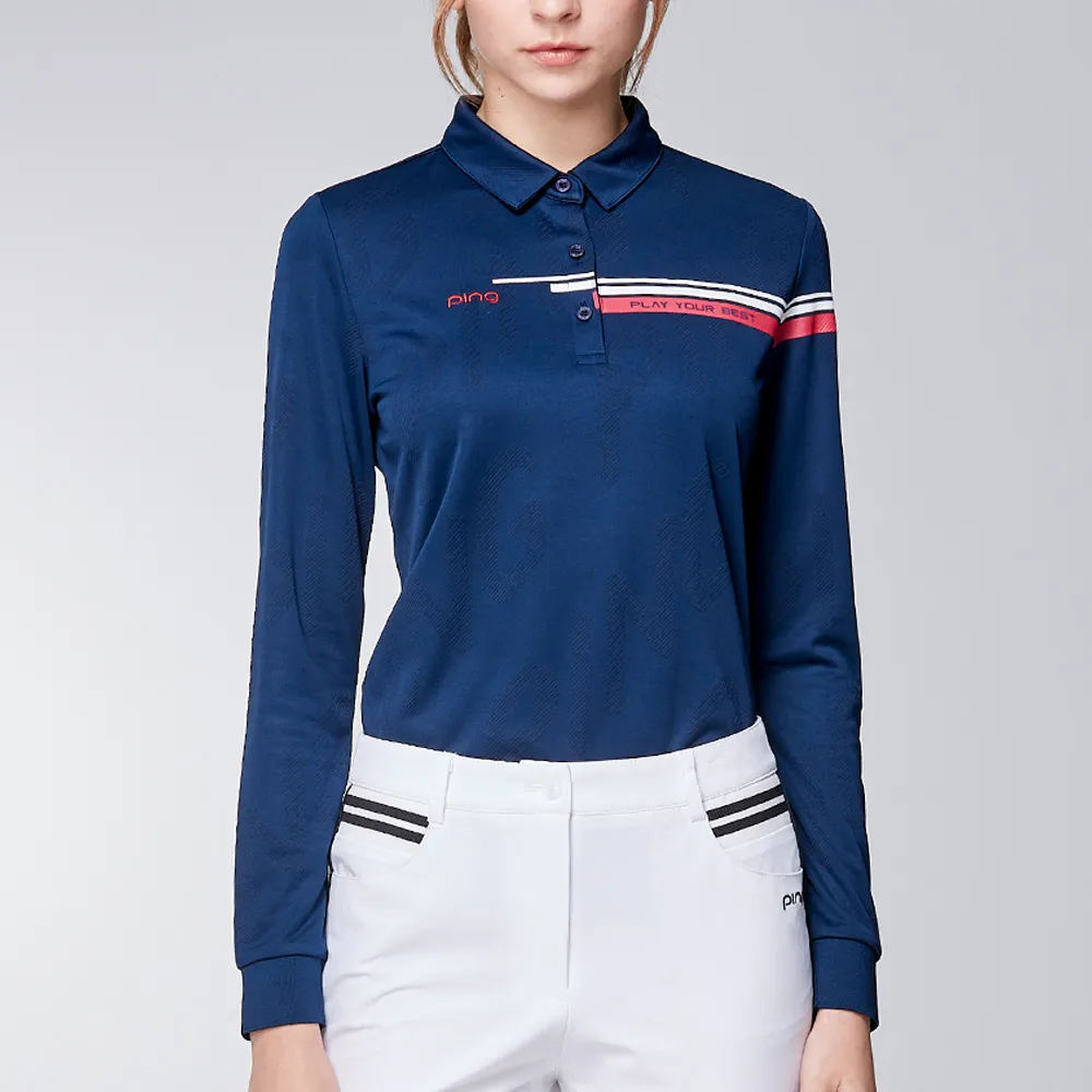 【PING】女款LOGO緹花吸濕排汗薄長袖POLO衫-深藍(GOLF/高爾夫球衫/RA23202-58)