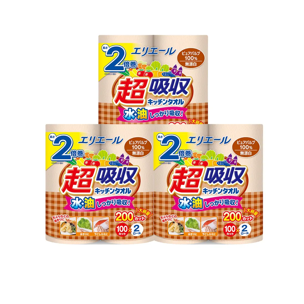 【日本大王】elleair 無漂白超吸收廚房紙巾(100抽x6捲 捲筒家庭組)