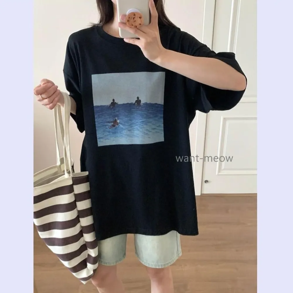 【Want-Meow】100公斤可穿/寬鬆韓系藍色海洋棉T大尺碼上衣大尺碼T恤(大碼/大尺碼/加大碼)